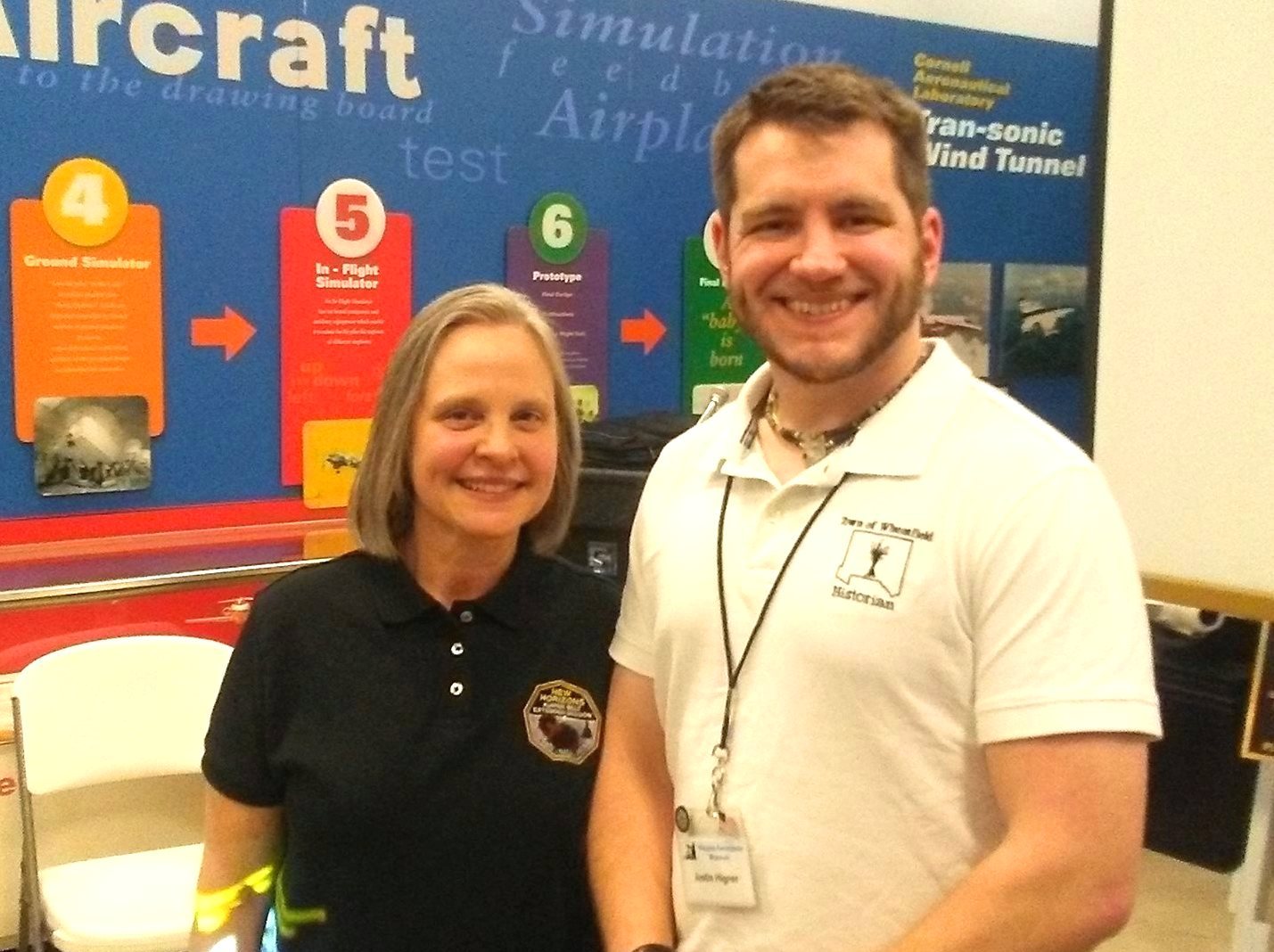 From left, Alice Bowman and Town of Wheatfield Historian Justin Higner pose following a presentation by Bowman at the Niagara Aerospace Museum. (Submitted photo)